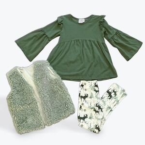 Kids 3 Piece Winter Reindeer Outfit Top Vest Pants Green Holiday Size 6